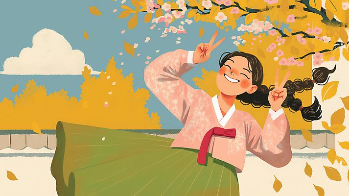 JPG 나무 구름 여자 일러스트 청소년 하늘 한명 미소 봄 한복 브이 활기 십대여자한명만 기와담장 국내일러스트 AI일러스트 AI콘텐츠 자연요소 식물 1 한국전통 계절 컨셉 표정 기와 사람 손짓 담장 전통의상 여자한명만 십대여자만 파일형식