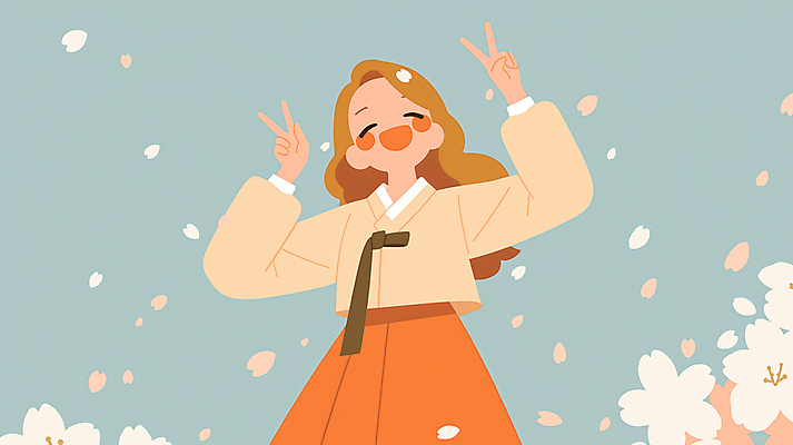 JPG 여자 꽃 일러스트 청소년 한명 미소 봄 한복 브이 활기 십대여자한명만 국내일러스트 AI일러스트 AI콘텐츠 식물 1 한국전통 계절 컨셉 표정 사람 손짓 전통의상 여자한명만 십대여자만 파일형식