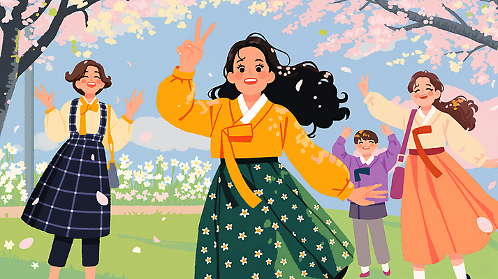 JPG 나무 여자 남자 어린이 가방 일러스트 미소 소년 여러명 성인 손들기 봄 브이 손인사 활기 개량한복 국내일러스트 AI일러스트 AI콘텐츠 식물 잡화 계절 다수 컨셉 모션 표정 사람 손짓 인사 한복 파일형식