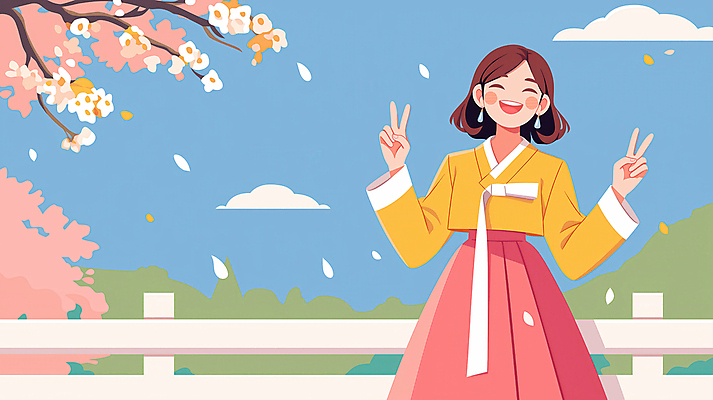 JPG 나무 구름 여자 일러스트 청소년 하늘 한명 미소 봄 한복 브이 활기 나무울타리 십대여자한명만 국내일러스트 AI일러스트 AI콘텐츠 자연요소 식물 1 한국전통 계절 컨셉 표정 사람 손짓 울타리 전통의상 여자한명만 십대여자만 파일형식