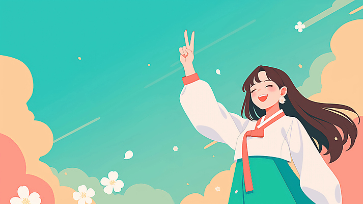 JPG 구름 여자 꽃 일러스트 청소년 하늘 한명 미소 봄 한복 브이 활기 십대여자한명만 국내일러스트 AI일러스트 AI콘텐츠 자연요소 식물 1 한국전통 계절 컨셉 표정 사람 손짓 전통의상 여자한명만 십대여자만 파일형식