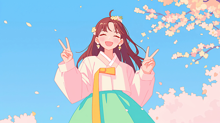 JPG 나무 여자 꽃 일러스트 청소년 하늘 한명 미소 봄 한복 브이 활기 십대여자한명만 국내일러스트 AI일러스트 AI콘텐츠 식물 1 한국전통 계절 컨셉 표정 사람 손짓 전통의상 여자한명만 십대여자만 파일형식