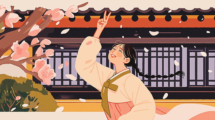 JPG 나무 여자 일러스트 청소년 한옥 한명 미소 상반신 봄 한복 브이 활기 십대여자한명만 국내일러스트 AI일러스트 AI콘텐츠 식물 1 한국전통 계절 컨셉 고건축 표정 사람 손짓 전통의상 여자한명만 십대여자만 파일형식