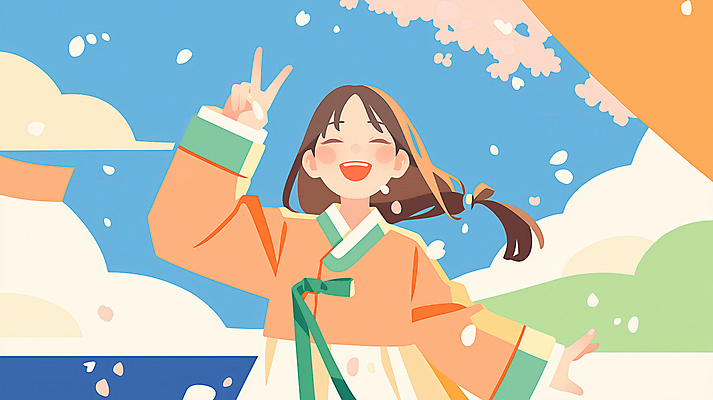 JPG 구름 여자 일러스트 청소년 하늘 한명 미소 상반신 봄 한복 브이 활기 십대여자한명만 국내일러스트 AI일러스트 AI콘텐츠 자연요소 1 한국전통 계절 컨셉 표정 사람 손짓 전통의상 여자한명만 십대여자만 파일형식