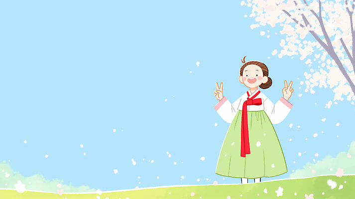 JPG 전신 나무 여자 일러스트 하늘 한명 미소 성인 봄 한복 브이 활기 성인여자한명만 국내일러스트 AI일러스트 AI콘텐츠 식물 1 한국전통 계절 컨셉 표정 사람 손짓 전통의상 여자한명만 성인여자만 파일형식