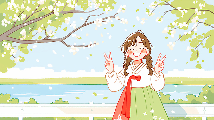 JPG 나무 여자 호수 일러스트 청소년 하늘 한명 미소 울타리 봄 한복 브이 활기 십대여자한명만 국내일러스트 AI일러스트 AI콘텐츠 식물 1 한국전통 계절 컨셉 표정 사람 손짓 담장 전통의상 여자한명만 십대여자만 파일형식