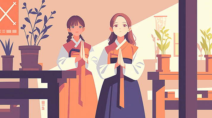 JPG 여자 화분 일러스트 청소년 탁자 미소 두명 햇빛 주황색 봄 한복 손모으기 활기 십대여자만 국내일러스트 AI일러스트 AI콘텐츠 한국전통 계절 컬러 가구 컨셉 표정 사람 손짓 태양 전통의상 여자만 십대만 파일형식