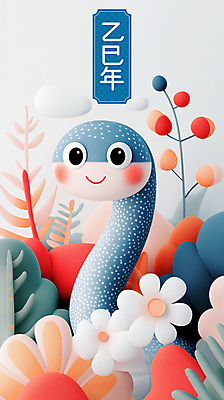 PSD 꽃 잎 일러스트 새해 웃음 사람없음 설날 귀여움 뱀띠 청록색 2025년 을사년 국내일러스트 푸른뱀 푸른뱀캐릭터 식물 명절 컬러 컨셉 표정 십이지신 뱀 연도 뱀캐릭터 파일형식