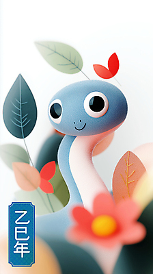 PSD 꽃 잎 일러스트 새해 사람없음 설날 귀여움 뱀띠 청록색 2025년 을사년 국내일러스트 푸른뱀 푸른뱀캐릭터 식물 명절 컬러 컨셉 십이지신 뱀 연도 뱀캐릭터 파일형식