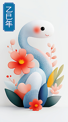 PSD 꽃 잎 일러스트 새해 미소 사람없음 설날 귀여움 뱀띠 청록색 2025년 을사년 국내일러스트 푸른뱀 푸른뱀캐릭터 식물 명절 컬러 컨셉 표정 십이지신 뱀 연도 뱀캐릭터 파일형식