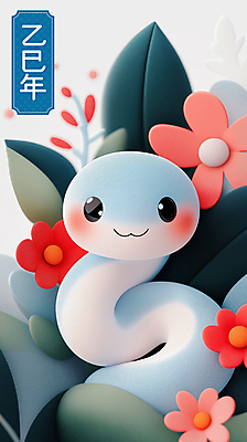 PSD 꽃 잎 일러스트 새해 사람없음 설날 귀여움 뱀띠 청록색 장면 2025년 을사년 국내일러스트 푸른뱀 푸른뱀캐릭터 식물 명절 컬러 컨셉 십이지신 뱀 연도 뱀캐릭터 파일형식