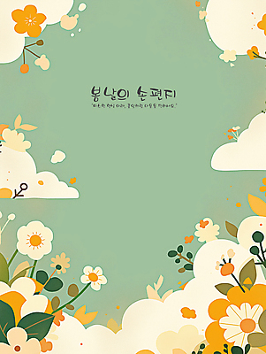 PSD 구름 꽃 일러스트 프레임 밝음 사람없음 평화 봄 풀 편지 청록색 카피스페이스 국내일러스트 자연요소 식물 계절 컬러 컨셉 공백 파일형식