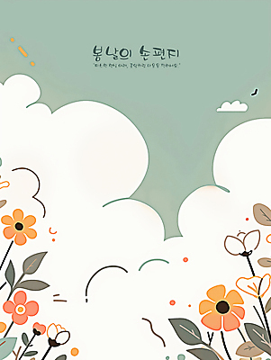 PSD 구름 꽃 일러스트 프레임 밝음 사람없음 평화 봄 풀 편지 청록색 카피스페이스 국내일러스트 자연요소 식물 계절 컬러 컨셉 공백 파일형식
