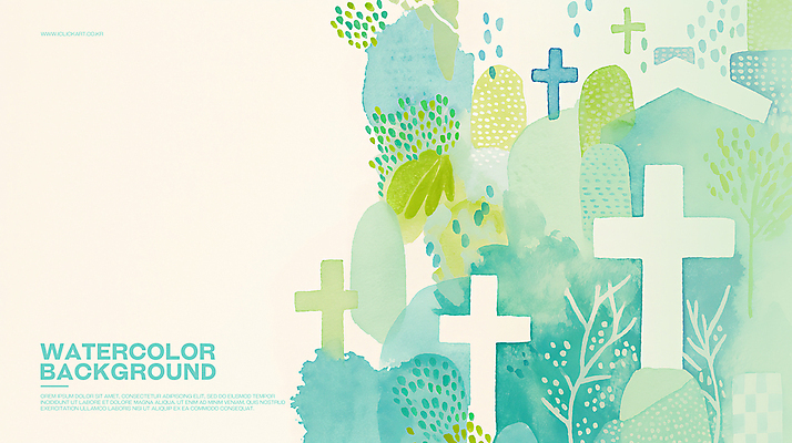 PSD 나무 기독교 십자가 일러스트 수채화 사람없음 풀 번짐 청록색 국내일러스트 식물 종교 컬러 파일형식 효과