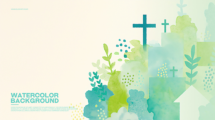 PSD 나무 기독교 십자가 일러스트 수채화 사람없음 풀 번짐 청록색 국내일러스트 식물 종교 컬러 파일형식 효과
