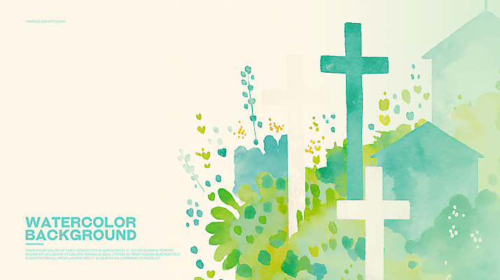 PSD 나무 기독교 십자가 일러스트 수채화 사람없음 풀 번짐 청록색 국내일러스트 식물 종교 컬러 파일형식 효과