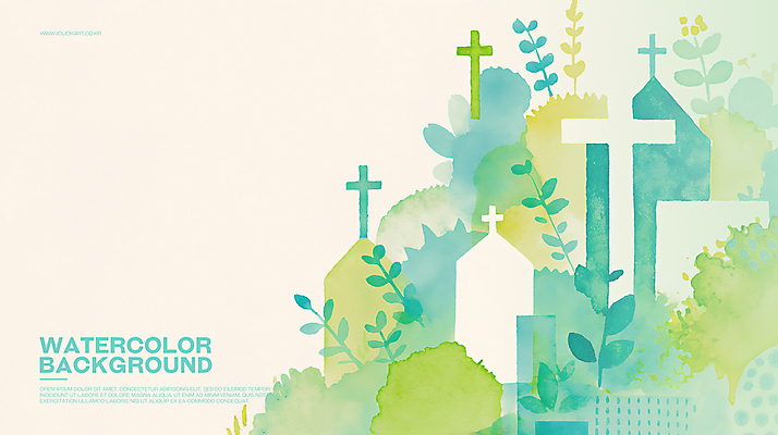 PSD 나무 기독교 십자가 일러스트 수채화 사람없음 풀 번짐 청록색 국내일러스트 식물 종교 컬러 파일형식 효과