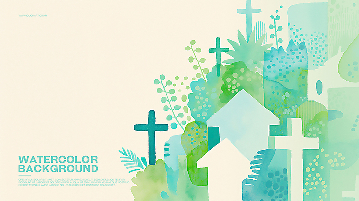 PSD 나무 기독교 십자가 일러스트 수채화 사람없음 풀 번짐 청록색 국내일러스트 식물 종교 컬러 파일형식 효과