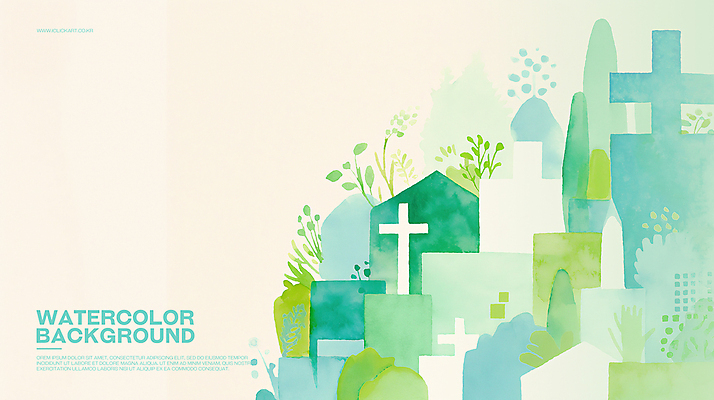 PSD 나무 기독교 십자가 일러스트 수채화 사람없음 풀 번짐 청록색 국내일러스트 식물 종교 컬러 파일형식 효과