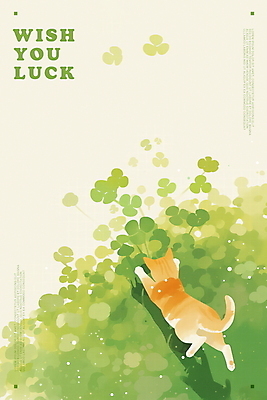 PSD 한마리 여유 일러스트 사람없음 초록색 평화 귀여움 고양이 행운 클로버 감성 국내일러스트 1 감정 컬러 컨셉 포유류 반려동물 파일형식