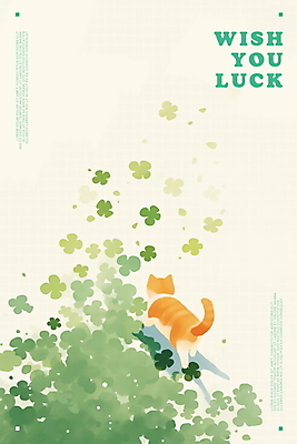 PSD 한마리 여유 일러스트 사람없음 초록색 평화 귀여움 고양이 행운 클로버 감성 국내일러스트 1 감정 컬러 컨셉 포유류 반려동물 파일형식