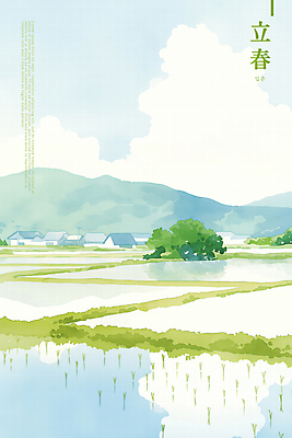 PSD 나무 구름 여유 일러스트 하늘 수채화 산 풍경 사람없음 초록색 평화 마을 봄 시골 벼농사 논밭 입춘 국내일러스트 자연요소 식물 계절 감정 컬러 컨셉 밭 논 농사 절기 파일형식