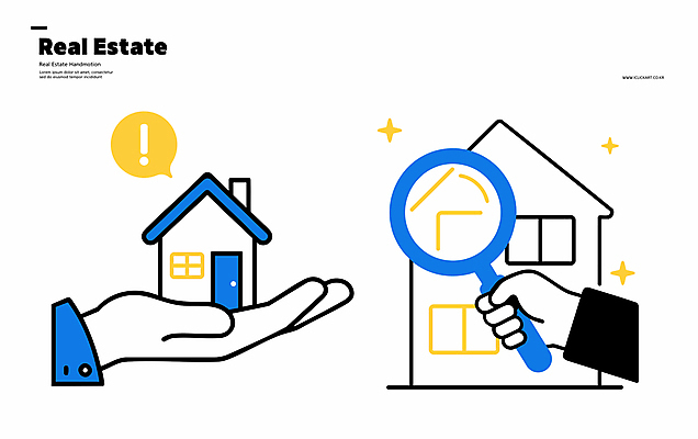 손 말풍선 일러스트 돋보기 부동산 주택 들기 신체부위 파란색 반짝임 검은색 느낌표 심플 엘리먼트 국내일러스트 AI파일 기호 컬러 모션 사람 건물 재산 파일형식 벡터