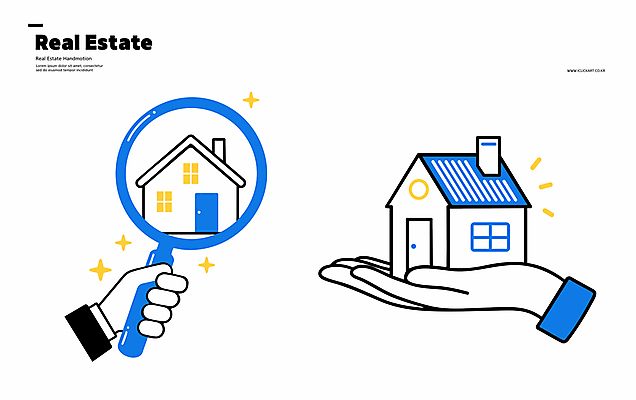 손 일러스트 돋보기 부동산 주택 들기 신체부위 파란색 반짝임 검은색 확인 엘리먼트 국내일러스트 AI파일 컬러 모션 사람 건물 재산 파일형식 벡터