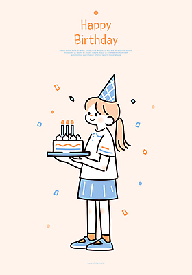 전신 여자 행복 어린이 일러스트 한명 웃음 들기 소녀 주황색 기쁨 고깔모자 축하 생일 생일케이크 꽃가루 소녀한명만 일러캐릭터 AI파일 캐릭터 모자_잡화 1 기념일 감정 컬러 컨셉 모션 표정 사람 케이크 가루 여자한명만 소녀만 파일형식 벡터