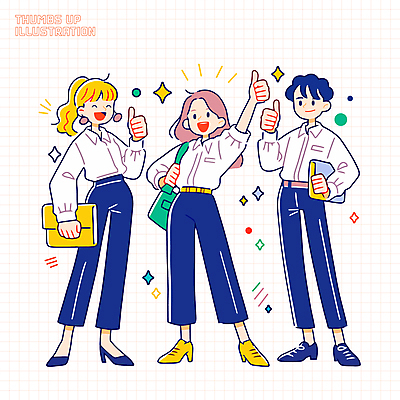 전신 여자 남자 가방 일러스트 미소 들기 정장 성인 세명 반짝임 손들기 직장인 긍정 따봉 성인만 일러캐릭터 AI파일 직업 캐릭터 잡화 옷 컨셉 모션 표정 사람 최고 파일형식 벡터