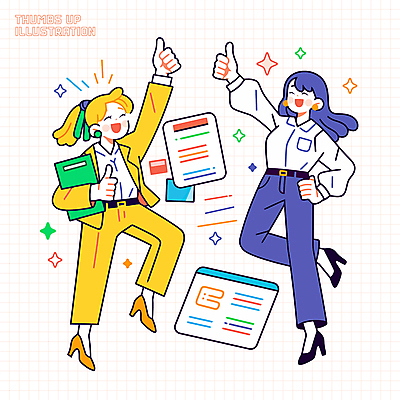 전신 여자 허리손 일러스트 미소 들기 정장 성인 두명 반짝임 손들기 직장인 문서 긍정 따봉 다리들기 성인여자만 일러캐릭터 AI파일 직업 캐릭터 옷 포즈 컨셉 모션 표정 사람 최고 여자만 성인만 파일형식 벡터