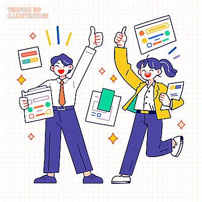 전신 여자 남자 일러스트 미소 들기 정장 성인 두명 반짝임 손들기 직장인 문서 긍정 따봉 성인만 일러캐릭터 AI파일 직업 캐릭터 옷 컨셉 모션 표정 사람 최고 파일형식 벡터