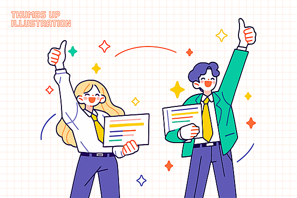 전신 여자 남자 일러스트 미소 들기 정장 성인 두명 반짝임 손들기 직장인 문서 긍정 따봉 성인만 일러캐릭터 AI파일 직업 캐릭터 옷 컨셉 모션 표정 사람 최고 파일형식 벡터