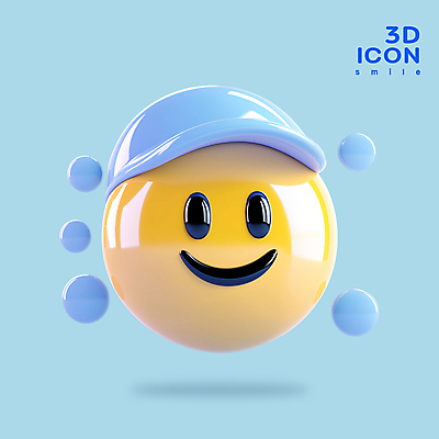 PSD 아이콘 하늘색 웃음 사람없음 그래픽 3D아이콘 3D 원형 광택 캡모자 이모지 편집3D 도형 모자_잡화 표정 파란색 디지털합성 파일형식