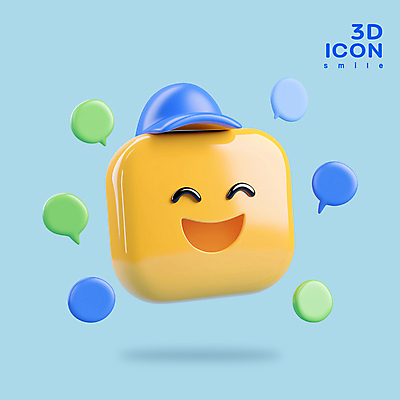PSD 아이콘 하늘색 말풍선 웃음 사람없음 그래픽 3D아이콘 3D 광택 캡모자 이모지 편집3D 모자_잡화 표정 파란색 디지털합성 파일형식