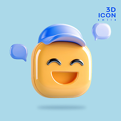 PSD 아이콘 하늘색 말풍선 웃음 사람없음 그래픽 3D아이콘 3D 광택 캡모자 이모지 편집3D 모자_잡화 표정 파란색 디지털합성 파일형식