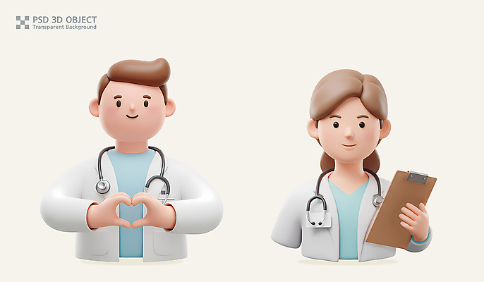 PSD 편집이미지 여자 남자 의학 청진기 3D캐릭터 직업캐릭터 미소 들기 상반신 성인 두명 3D 의사가운 손하트 차트보드 성인만 편집3D 직업 캐릭터 의료기기 모션 표정 사람 손짓 의사 가운 디지털합성 파일형식
