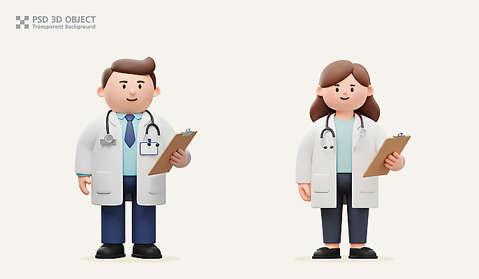 전신 PSD 편집이미지 여자 남자 의학 청진기 3D캐릭터 직업캐릭터 미소 들기 성인 두명 3D 의사가운 차트보드 성인만 편집3D 직업 캐릭터 의료기기 모션 표정 사람 의사 가운 디지털합성 파일형식