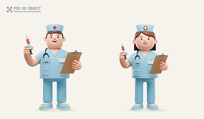 전신 PSD 편집이미지 여자 남자 의학 청진기 3D캐릭터 직업캐릭터 주사기 미소 들기 성인 두명 3D 간호사 간호복 차트보드 성인만 편집3D 직업 캐릭터 유니폼 의료기기 모션 표정 사람 의료진 디지털합성 파일형식