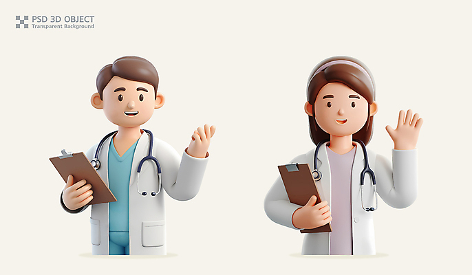 PSD 편집이미지 여자 남자 의학 청진기 3D캐릭터 직업캐릭터 미소 들기 상반신 성인 두명 3D 손들기 의사가운 손인사 차트보드 성인만 편집3D 직업 캐릭터 의료기기 모션 표정 사람 의사 인사 가운 디지털합성 파일형식