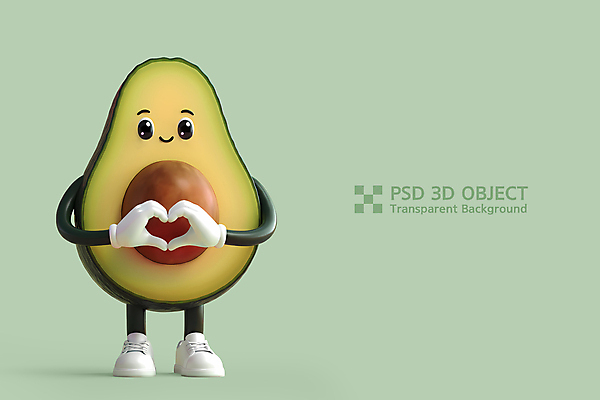 PSD 편집이미지 단면 3D캐릭터 미소 사람없음 연두색 3D 아보카도 손하트 아보카도캐릭터 편집3D 캐릭터 과일 표정 손짓 초록색 디지털합성 파일형식