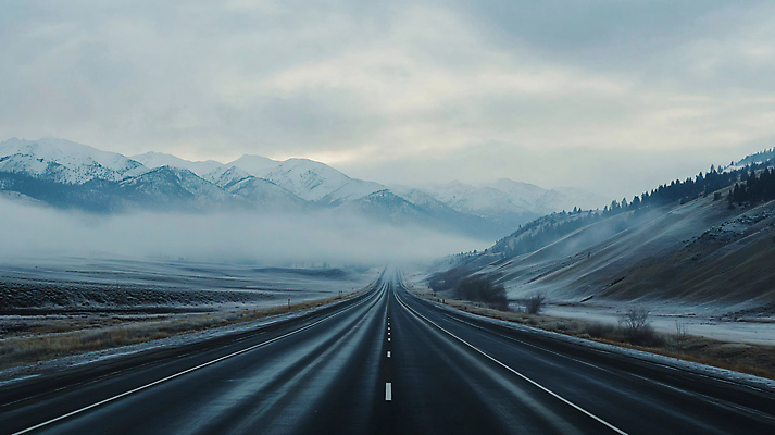 JPG 편집이미지 자동차 사람없음 드라이브 안개 고속도로 흐림 설산 편집실사 AI포토 AI콘텐츠 도로 육상교통 날씨 산 운전 CG 파일형식