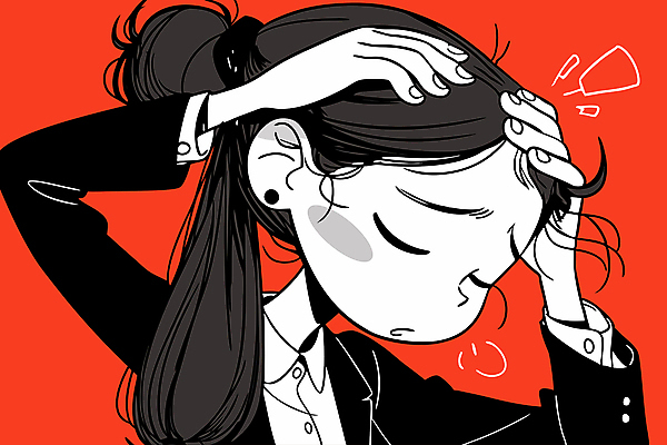 여자 일러스트 스트레스 한명 정장 상반신 성인 빨간색 한숨 불안 고민 두통 성인여자한명만 국내일러스트 머리짚기 AI파일 1 옷 감정 컬러 모션 사람 질병 여자한명만 성인여자만 파일형식 벡터