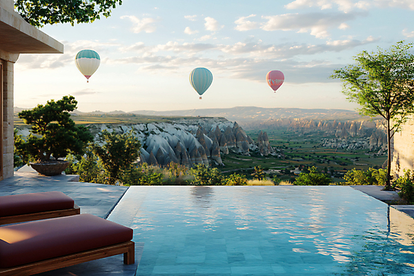 JPG 구름 편집이미지 해외풍경 해외여행 자연 하늘 호텔 휴식 수영장 카파도키아 사람없음 물 열기구 선베드 편집실사 AI포토 AI콘텐츠 자연요소 해외 여행 컨셉 의자 항공교통 숙소 풍경 CG 생태계 파일형식 튀르키예
