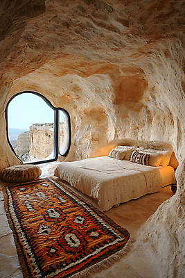 JPG 편집이미지 해외풍경 해외여행 자연 휴식 카파도키아 사람없음 침실 매트 침대 동굴 편집실사 AI포토 AI콘텐츠 해외 여행 가구 컨셉 풍경 CG 생태계 파일형식 튀르키예