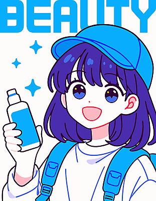 응시 여자 하늘색 일러스트 한명 웃음 들기 상반신 성인 반짝임 화장품 병 백팩 캡모자 성인여자한명만 국내일러스트 AI파일 모자_잡화 1 식기 시선 가방 모션 표정 사람 파란색 뷰티 여자한명만 성인여자만 파일형식 벡터