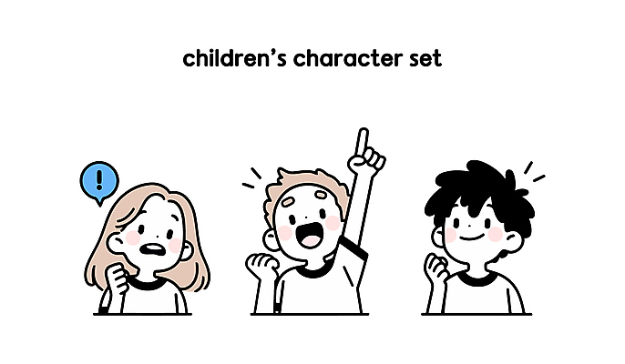 여자 남자 어린이 말풍선 일러스트 미소 소녀 소년 상반신 세명 가리킴 느낌표 즐거움 어린이만 일러캐릭터 AI파일 캐릭터 기호 감정 표정 사람 손짓 파일형식 벡터