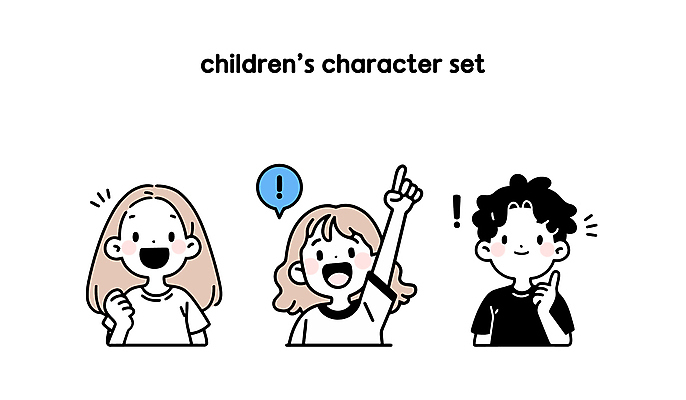 여자 남자 어린이 말풍선 일러스트 아이디어 미소 소녀 소년 상반신 세명 기쁨 가리킴 느낌표 즐거움 어린이만 일러캐릭터 AI파일 캐릭터 기호 감정 컨셉 표정 사람 손짓 파일형식 벡터