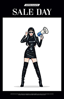 전신 모델 여자 패션 포스터 포즈 일러스트 그림자 한명 들기 성인 쇼핑 선글라스 세일 검은색 확성기 잡기 알림 성인여자한명만 세련 국내일러스트 AI파일 1 안경 컬러 모션 사람 여자한명만 성인여자만 파일형식 벡터