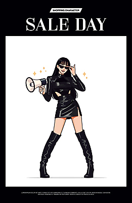 전신 모델 여자 패션 포스터 포즈 일러스트 그림자 한명 들기 성인 반짝임 쇼핑 선글라스 세일 검은색 확성기 잡기 알림 성인여자한명만 세련 국내일러스트 AI파일 1 안경 컬러 모션 사람 여자한명만 성인여자만 파일형식 벡터